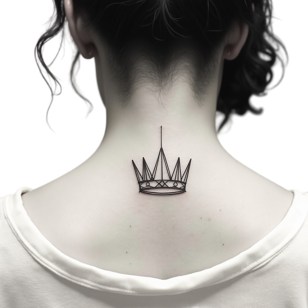 A restrained, elegant geometric crown tattoo on the neck, with clean lines and angles that accentuate a modern minimalist approach.