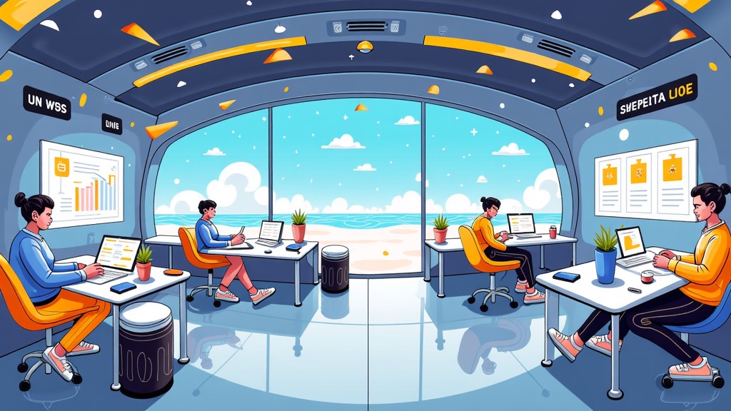 Illustration Concept 4: Immersive Interior Panorama. A detailed panoramic illustration of the robotaxi's interior as a multi-functional ecosystem. This perspective could simultaneously show (or suggest through interactive elements) different zones dedicated to work (smart surfaces, connectivity ports), relaxation (bio-adaptive seating, calming projections), and socializing (shared screens, configurable group seating).