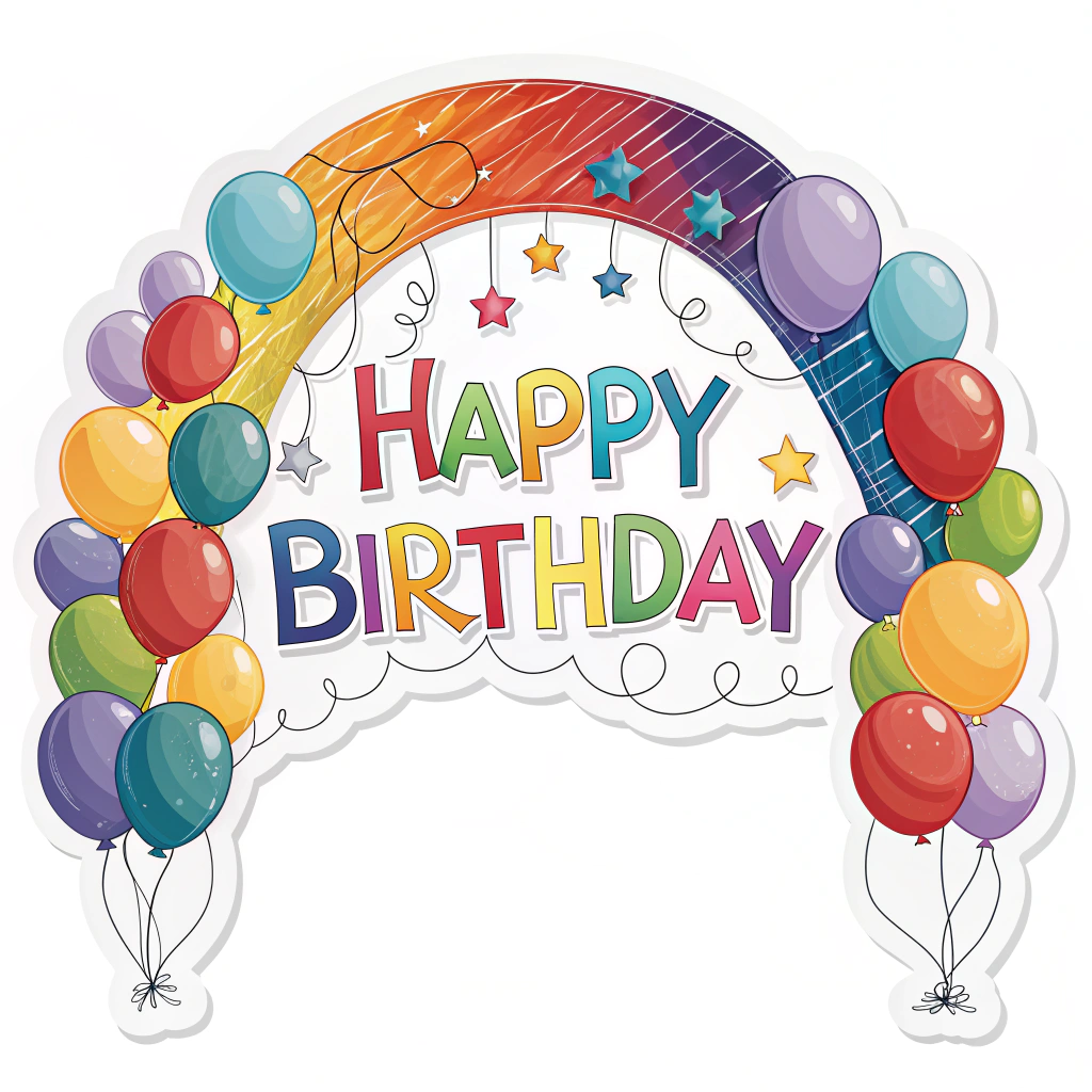 An arched sticker showing a balloon arch, with the phrase 'Happy Birthday' in the middle