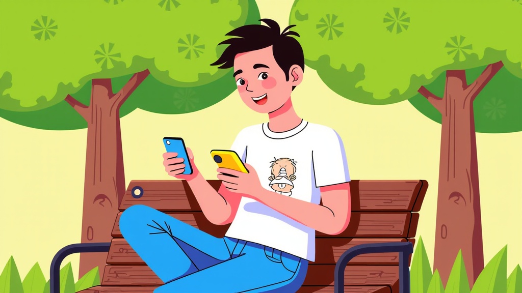  a young man sitting on a wooden bench in a park. He is wearing a white t-shirt with a cartoon character on it and blue jeans. He has short dark hair and is smiling as he looks at his phone. The background is filled with trees and greenery, and there are two large trees on either side of the bench. The man is holding a yellow phone in his hands and appears to be texting or browsing the internet. The overall mood of the image is cheerful and relaxed.