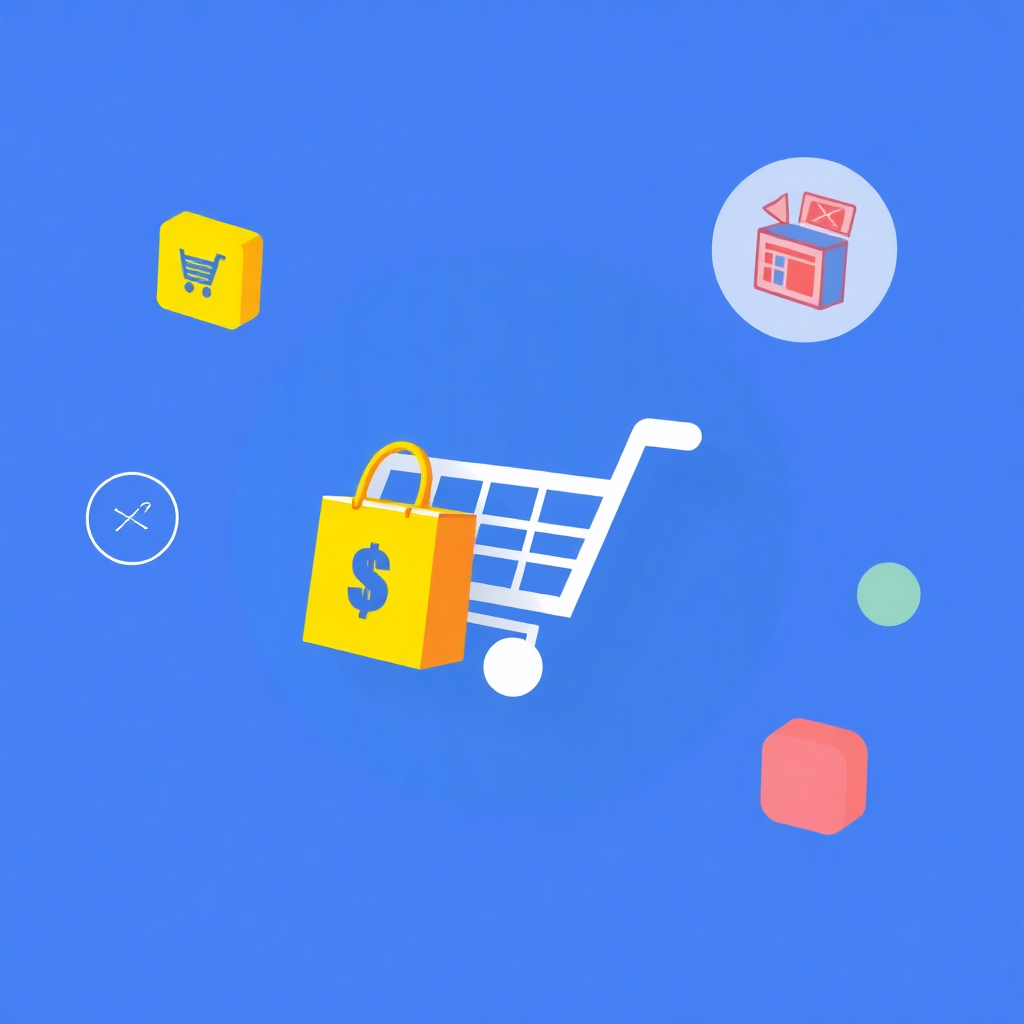 The image is an illustration of a shopping cart with a dollar sign on it. The shopping cart is in the center of the image and is surrounded by various icons. On the left side of the cart, there is a yellow shopping cart icon with a blue checkmark next to it, and on the right side, there are two red boxes with a red envelope inside. The background is a solid blue color. The icons are arranged in a scattered manner, with some overlapping each other.