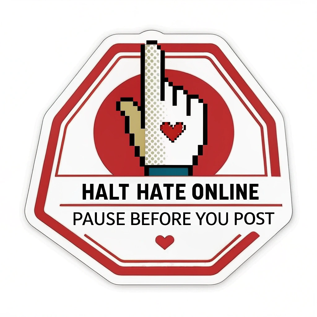 Digital Hand Signal: A stop sign shape featuring a pixelated hand in the 'halt' gesture. Text reads 'HALT HATE ONLINE' or 'PAUSE BEFORE YOU POST'.