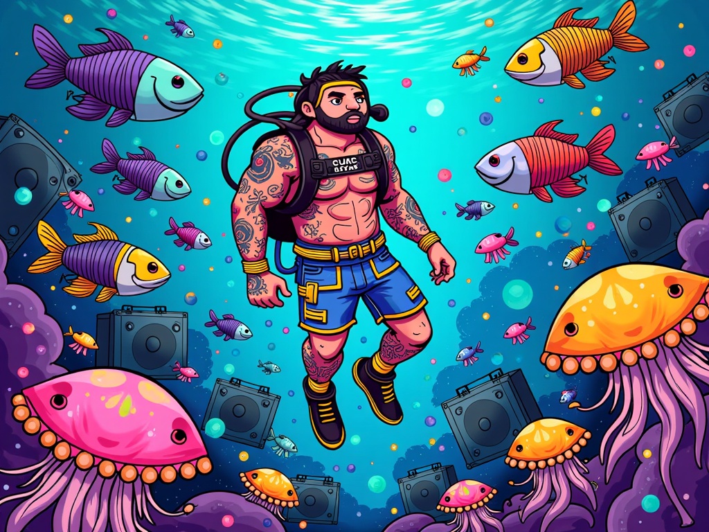Underwater escapade with Cartoon Post Malone as a deep-sea diver discovering a lost city made of amplifiers and speakers, surrounded by glowing jellyfish that pulse to a beat and fish with musical instrument patterns.