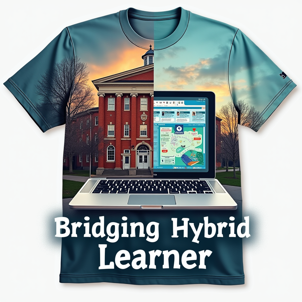 An image combining half of a traditional school building merged seamlessly with half of a computer monitor or laptop screen. Text below: 'Bridging Worlds: Proud Hybrid Learner'.