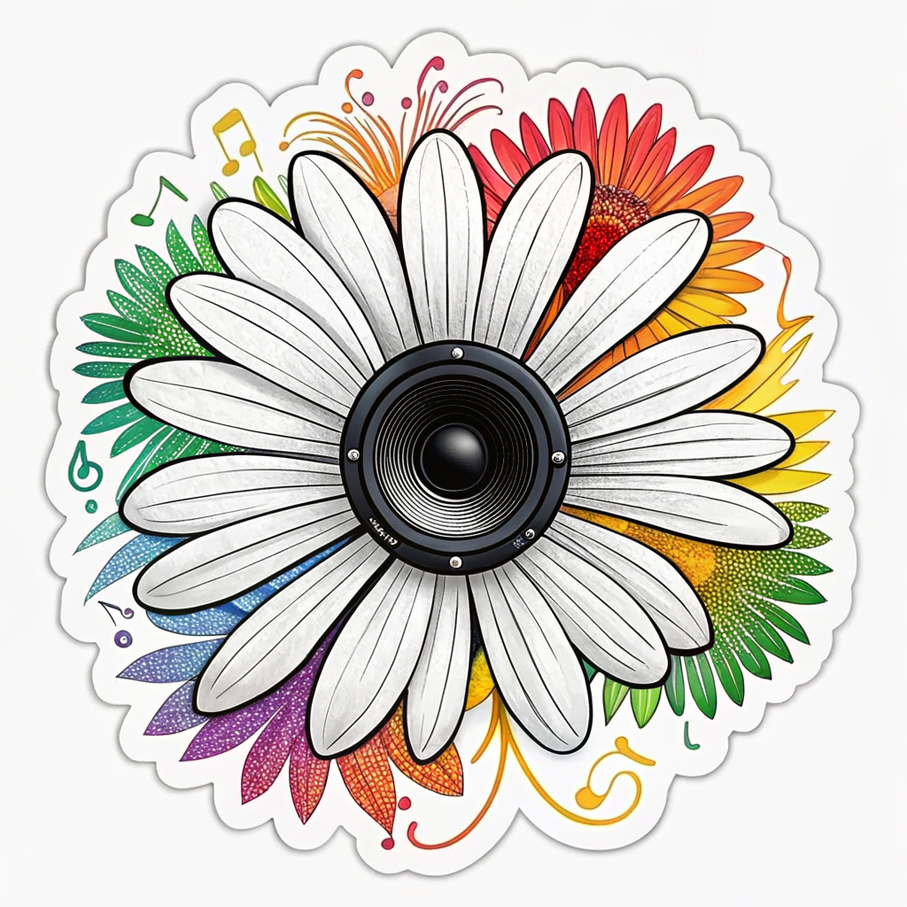 Resonant Daisy Bloom: A sticker design where a subwoofer cone forms the dark center of an EDC-style daisy. The 'petals' are not traditional but are stylized, vibrant sound waves or pressure ripples emanating outwards, shifting in color and intensity to visually represent a 'bloom' of bass resonance.
