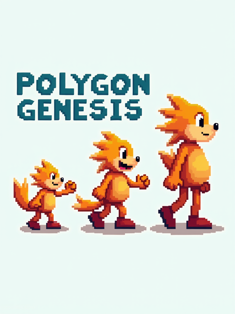 Retro Gamer Revival T-Shirt Design: Showcase the evolution of a generic game character, starting on one side as a simple 8-bit pixel sprite, transitioning through a more detailed 16-bit version in the middle, and ending as an early low-polygon 3D model on the other side. Title: 'Polygon Genesis'.