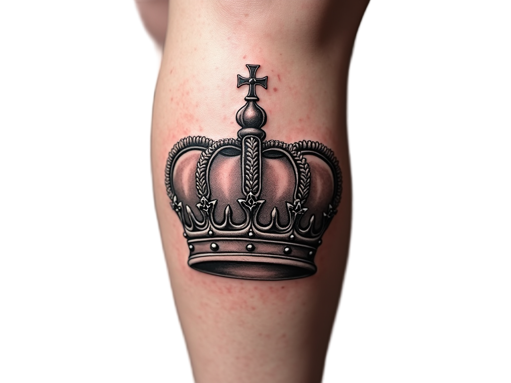 An elaborate crown tattoo design on the leg, showcasing imperial insignias and detailed shading that recalls historical royal crests.