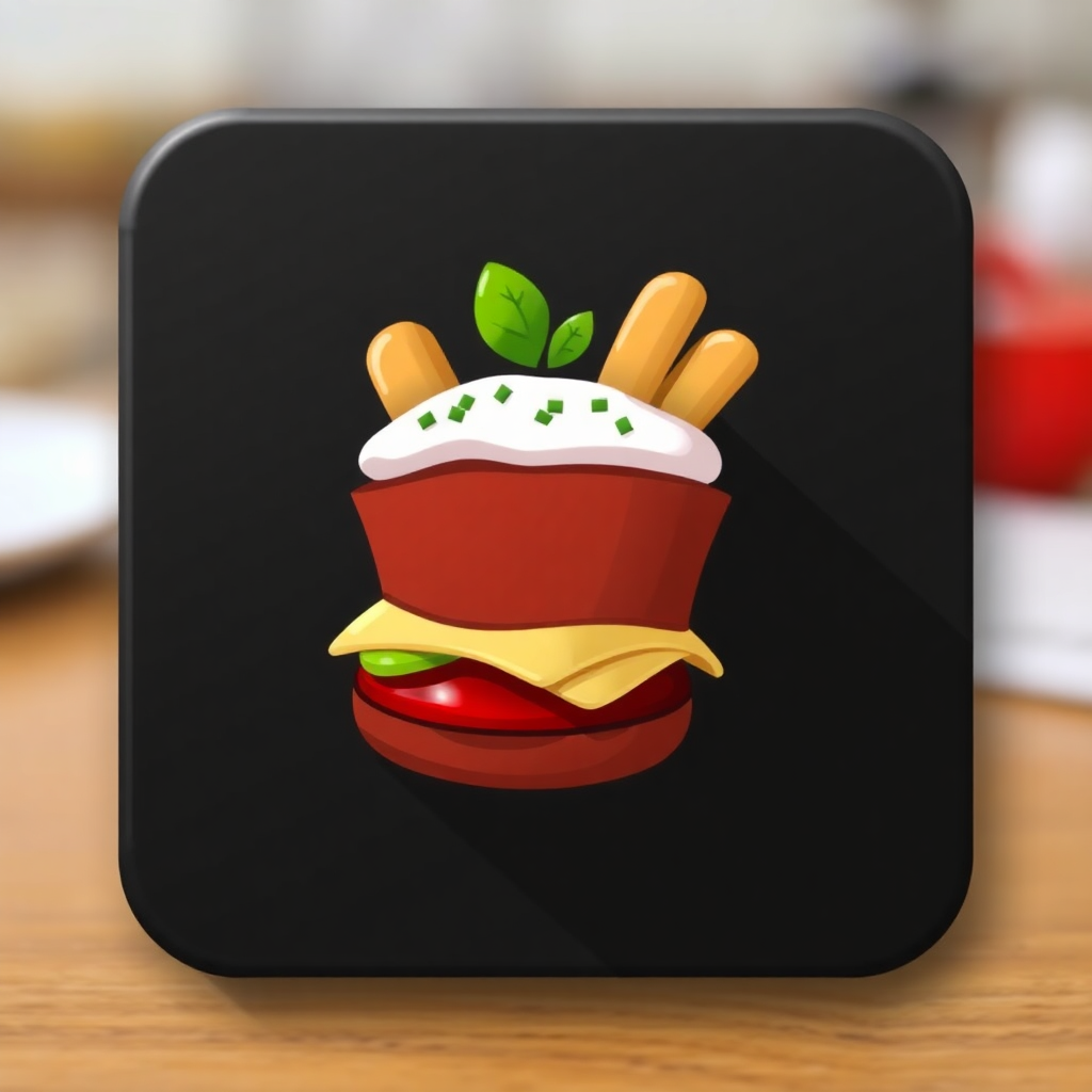 The image shows a black square icon with a hamburger and french fries on it, set against a blurred background.