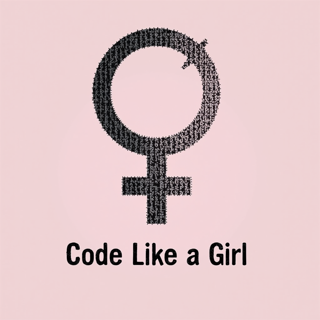 Iconic Fusion (Simple Idea): A stylized female symbol (♀) reimagined: the circle formed by coding braces `{}` and the cross by a subtle circuit line or a pixelated cursor. Below this iconic mark, 'Code Like a Girl' in a clean, sans-serif font for a direct, modern statement.