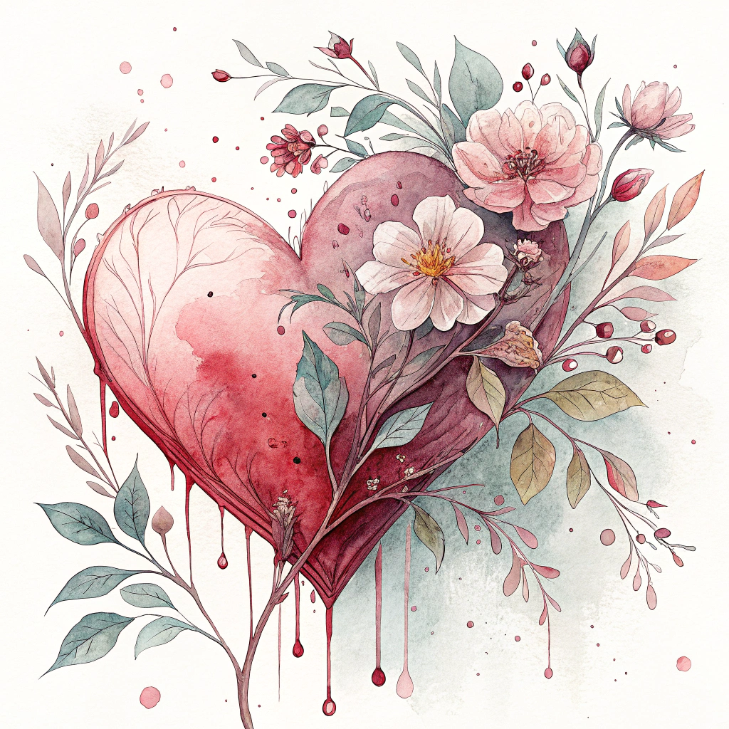 A sticker featuring a watercolor-style heart with floral elements bleeding into the edges, giving it a soft, artistic look.