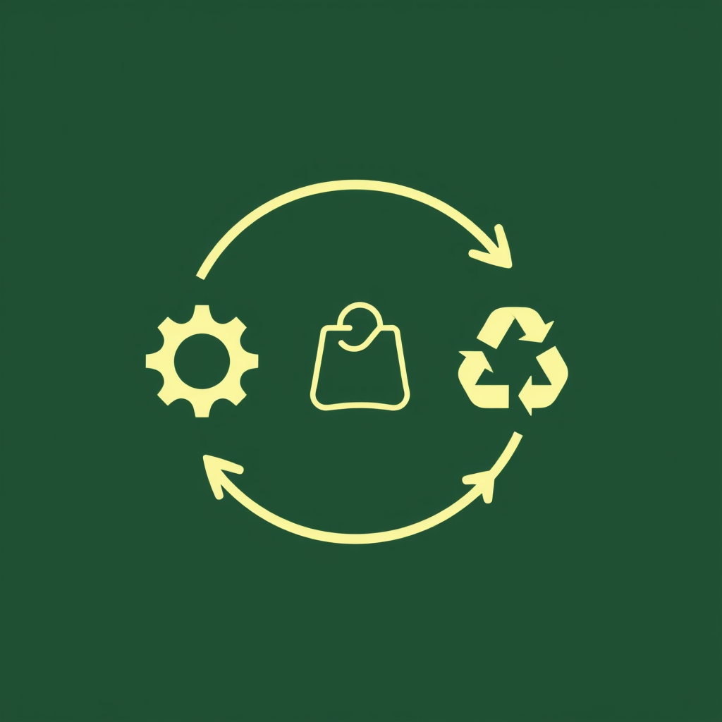 Logo featuring three distinct minimalist icons (e.g., a cog for production, a reusable bag for use, and a recycling symbol for end-of-life) seamlessly connected by flowing lines forming a dynamic, continuous circle, symbolizing the interconnected stages of a circular economy.