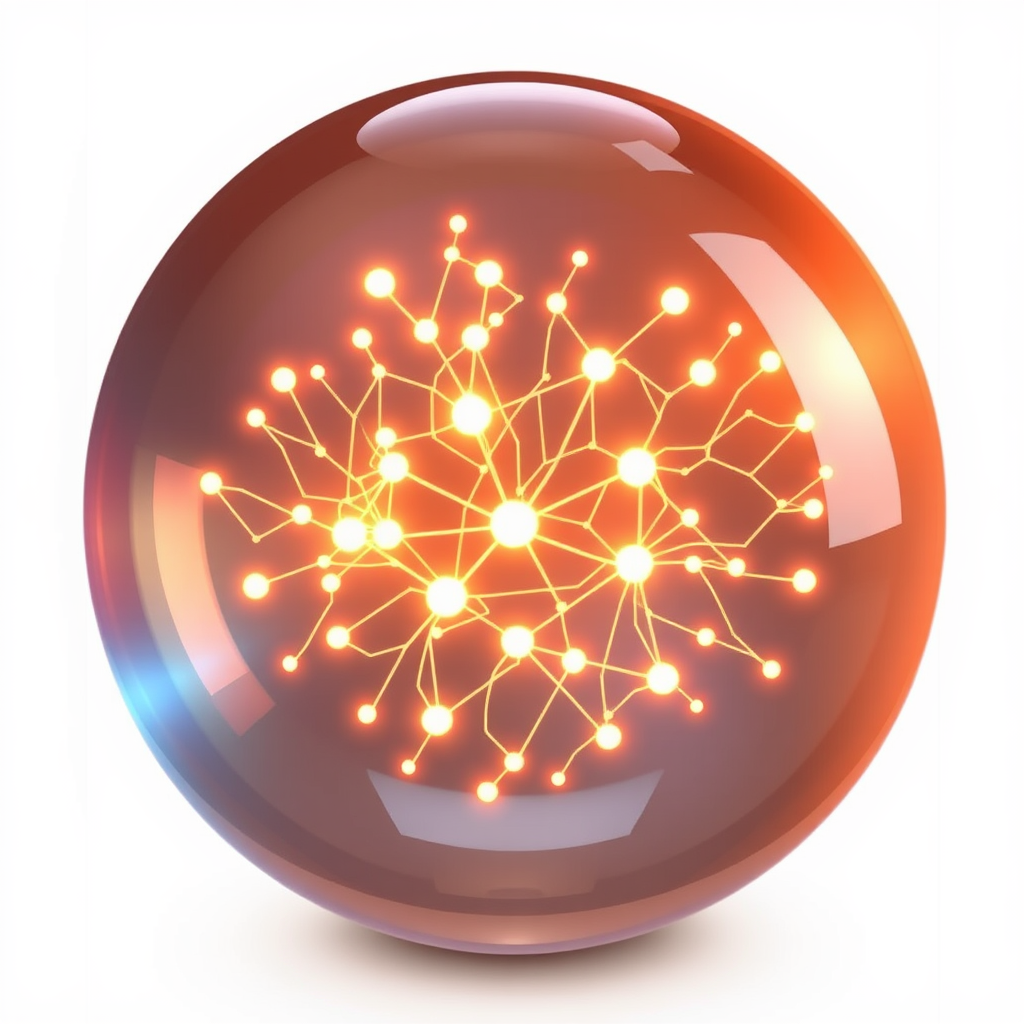 Neural Network Core: A translucent orb revealing a stylized, glowing neural network inside. The connections and nodes subtly shift and pulse, creating changing patterns on the surface.