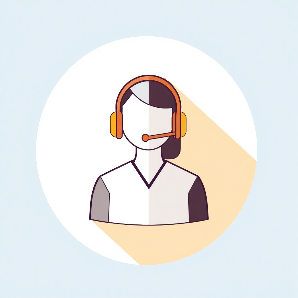 The image is a circular icon with a light blue background. In the center of the circle, there is an illustration of a person wearing a headset. The person has a white face and is wearing a black and white striped shirt. The headset is orange and has a microphone attached to it. The overall design is simple and minimalistic.