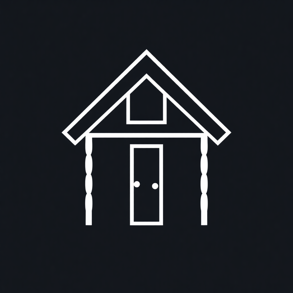 A geometric cabin outline icon using only lines, with the lines forming triangles for the roof, a square or rectangle for the body, and a single line for a door. It would have a minimalist and modern feel.