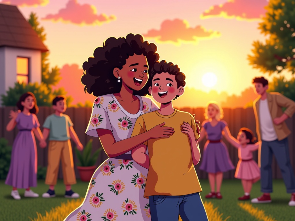  a mother and her young son in a backyard at sunset. The mother is standing in the center of the image, holding the son in her arms and smiling at the camera. She is wearing a white dress with colorful flowers on it and has curly hair. The son is wearing an orange t-shirt and blue jeans. In the background, there are other children and adults walking around the backyard, and a house can be seen in the distance. The sky is orange and pink, and the sun is setting, creating a warm glow over the scene.