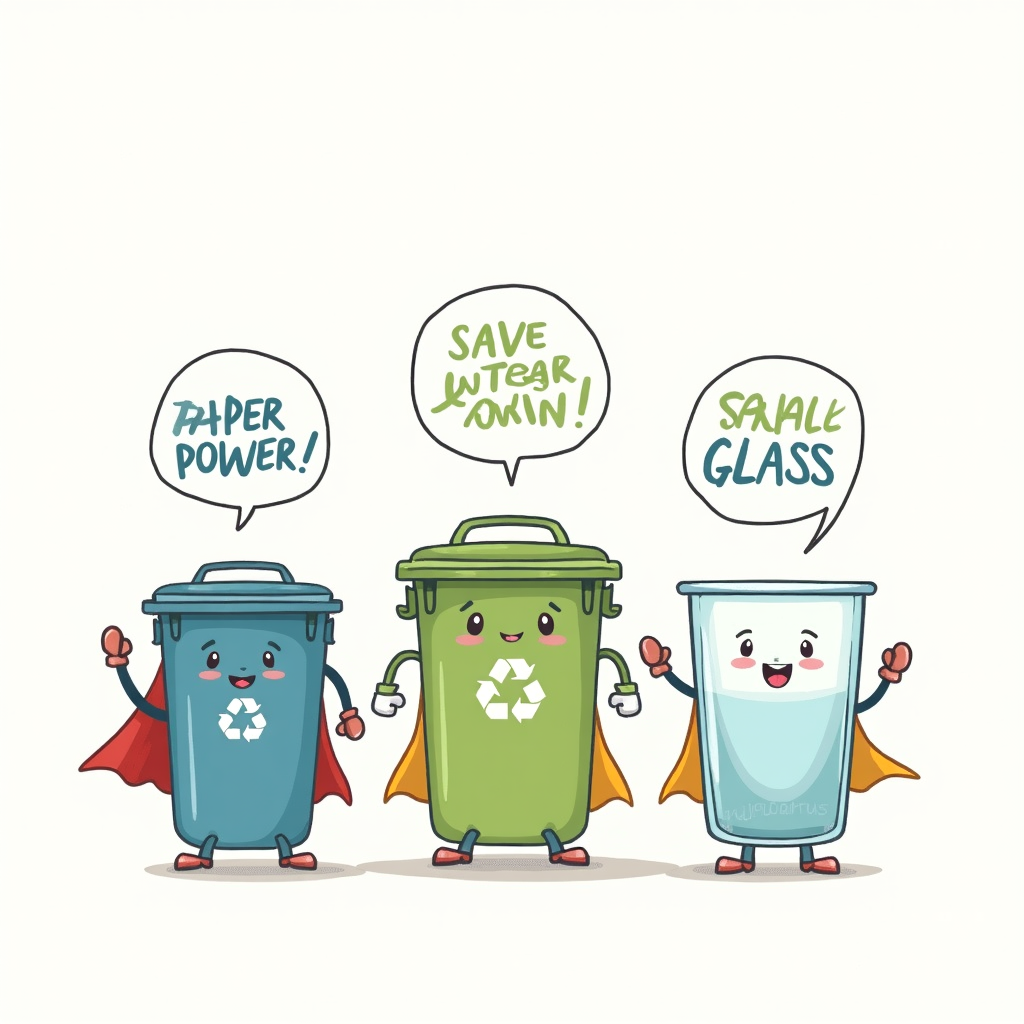Cute, personified recycling bins (for paper, plastic, glass) drawn as doodle superheroes with little capes and smiling faces, standing proudly. Speech bubbles with 'Recycle Power!' or 'Save the Planet!' in a fun, comic-style doodle font.