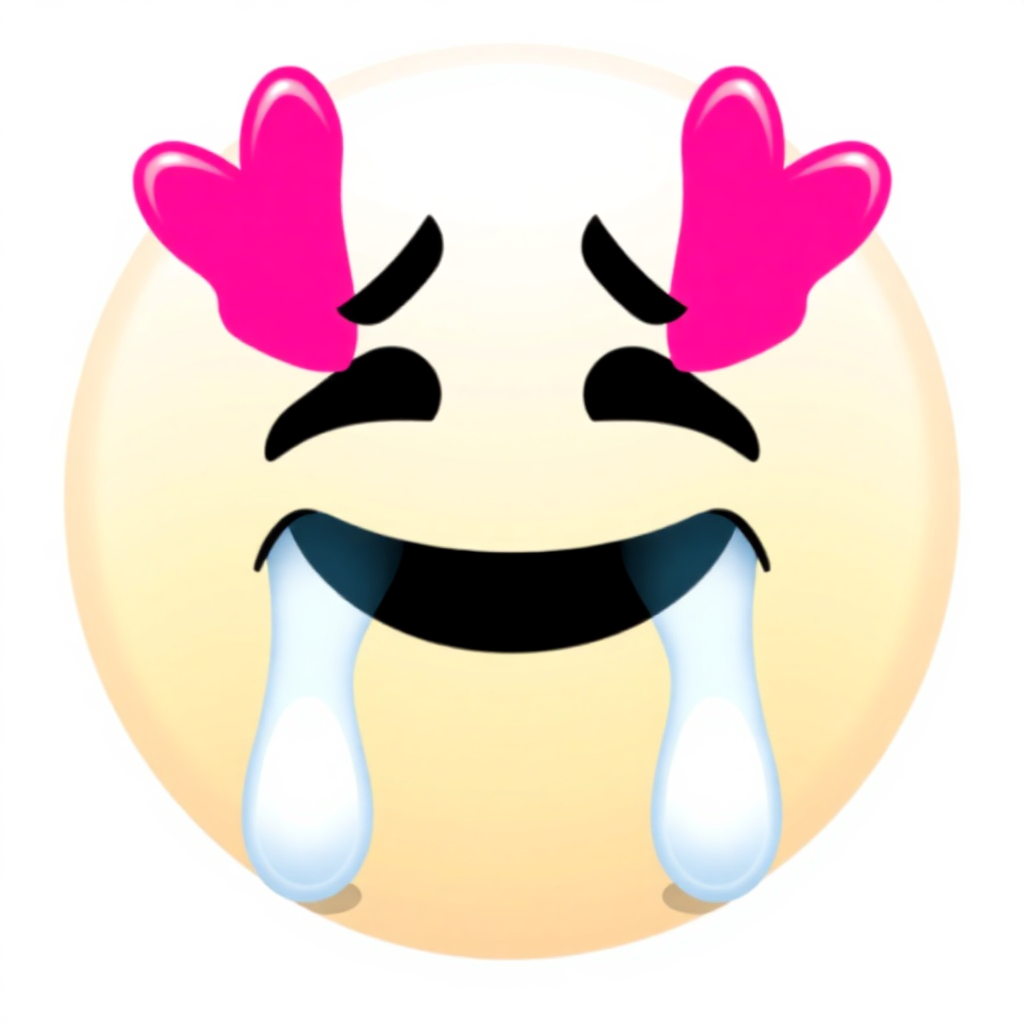 The image shows an animated emoji with a crying face and pink ears, set against a white background.