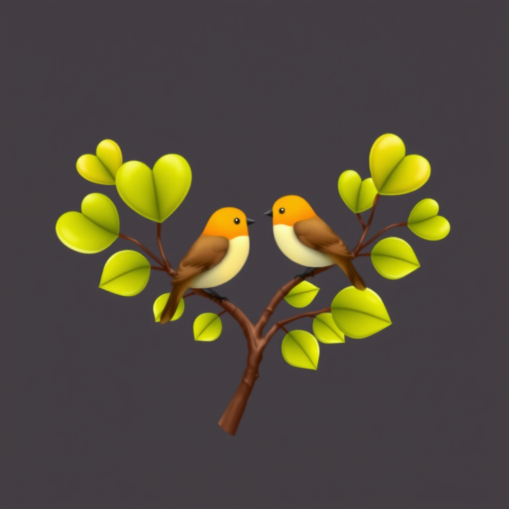 A branch with leaves shaped like hearts, with two birds facing each other.