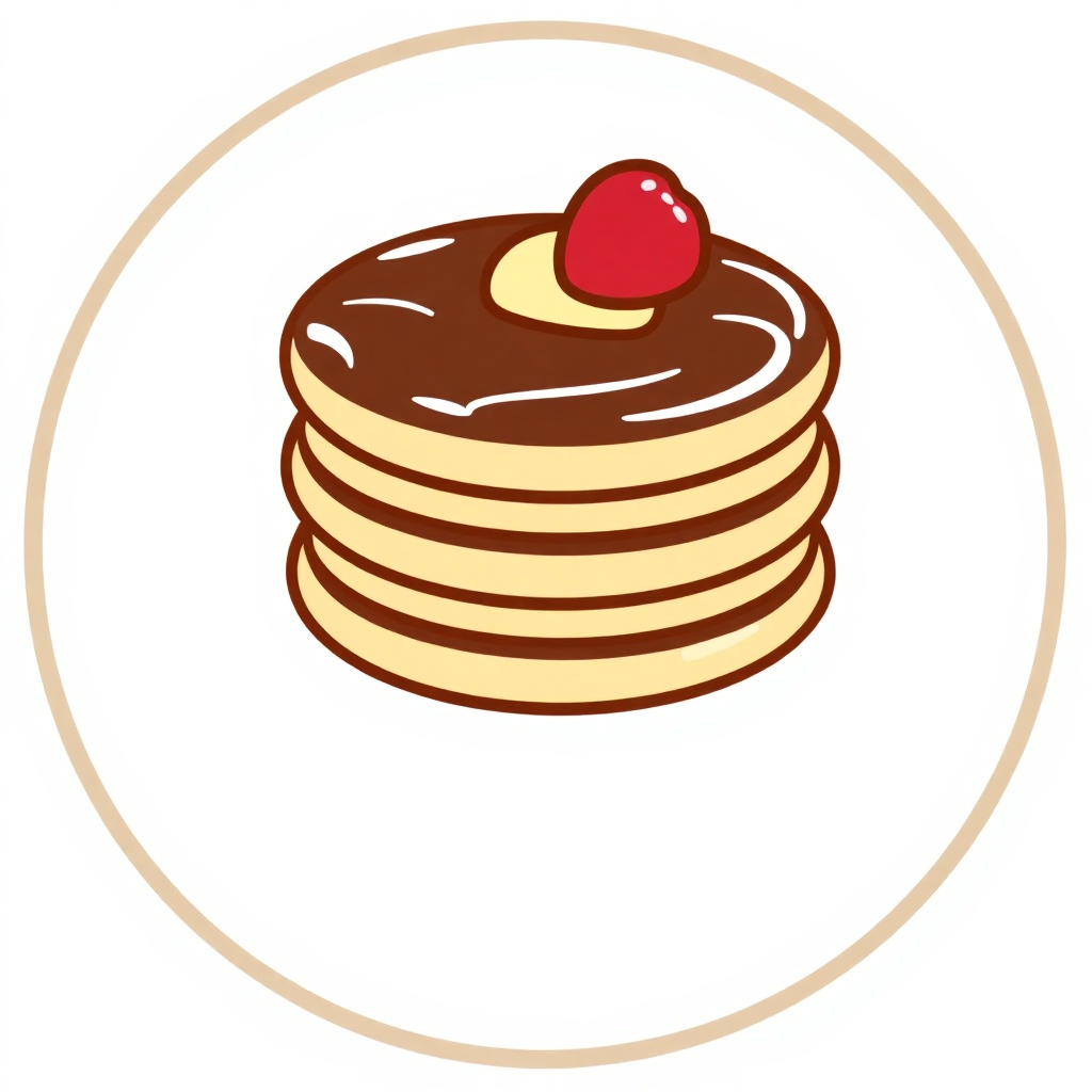 The image is a circular illustration of a stack of pancakes. The pancakes are golden brown and appear to be freshly made. On top of the stack, there is a dollop of chocolate syrup with a red cherry on top. The syrup is drizzled over the top, creating a smooth and glossy texture. The background is white, making the pancakes stand out.