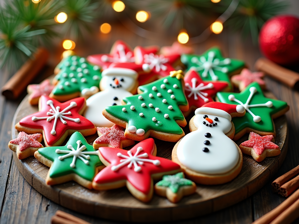  a wooden plate with a variety of decorated Christmas cookies on it. The cookies are in the shape of Christmas trees, snowmen, and star-shaped cookies in red, green, and white colors. The plate is placed on a wooden table with a Christmas tree branch and string lights in the background. There are also cinnamon sticks and a red bauble scattered around the plate. The overall mood of the image is festive and cozy.