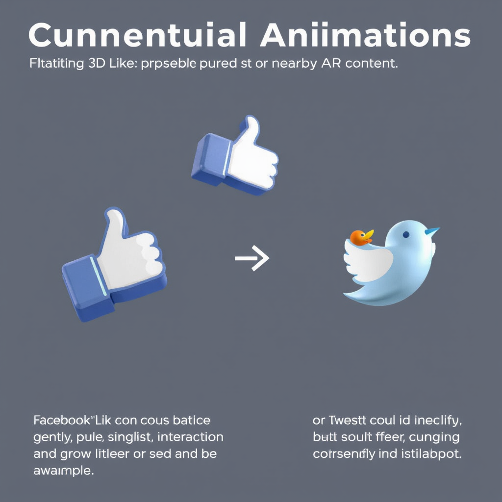 Sub-Design Idea 1 (Contextual Animations): Floating 3D icons that animate based on user interaction or nearby AR content. For example, a Facebook 'Like' icon could pulse gently and grow slightly larger when a user focuses on it, or a Twitter bird icon could flap its wings and chirp softly when tapped.