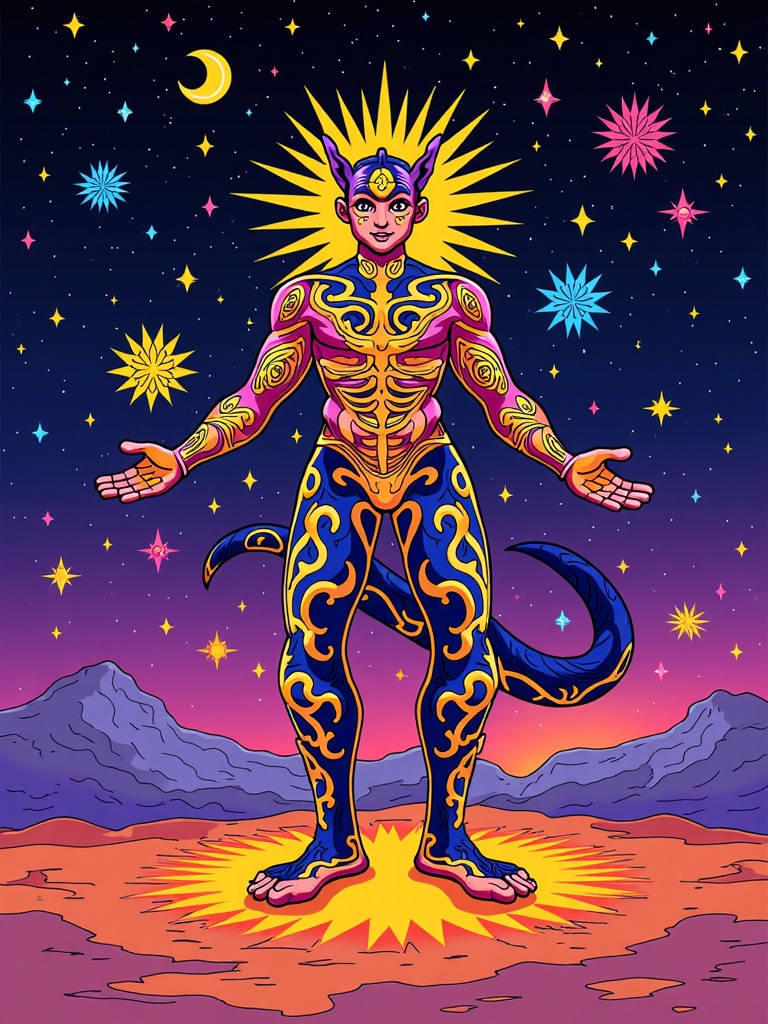A 'Mystical Bestiary of the Nights' series: detailed individual visual studies of prominent Djinns and mythical beasts from Arabian Nights, emphasizing their unique anatomies, showcasing their magical attributes (e.g., glowing sigils, elemental auras, transformative abilities), and setting each within a signature nocturnal environment or alongside symbolic motifs that define their character and lore.