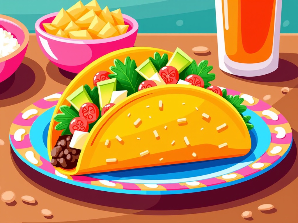  a colorful plate with a taco on it. The taco is orange in color and is filled with a variety of ingredients. On top of the taco, there are sliced avocado, cherry tomatoes, and black beans. There are also some green leaves scattered around the plate. On the left side of the plate, there is a pink bowl of rice and a glass of orange juice. The background is a wooden table with scattered beans. The overall color scheme of the image is bright and vibrant.