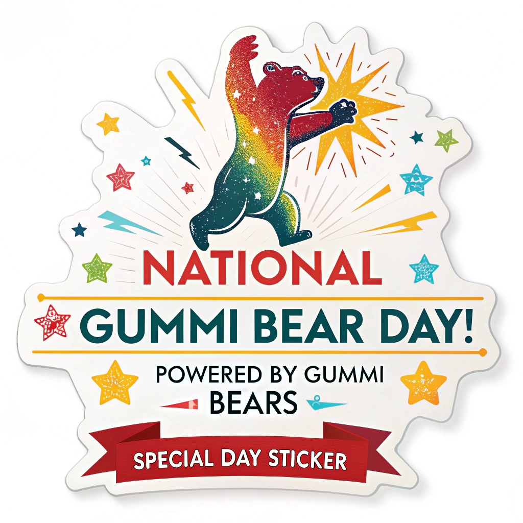 Sticker Design 2: 'Gummi Energy Burst'. A dynamic sticker showing a colorful gummi bear silhouette bursting with bright energy lines and sparkles. Prominent text: 'National Gummi Bear Day!' with 'Powered by Gummi Bears' in an energetic font. A small ribbon element says 'Special Day Sticker'.