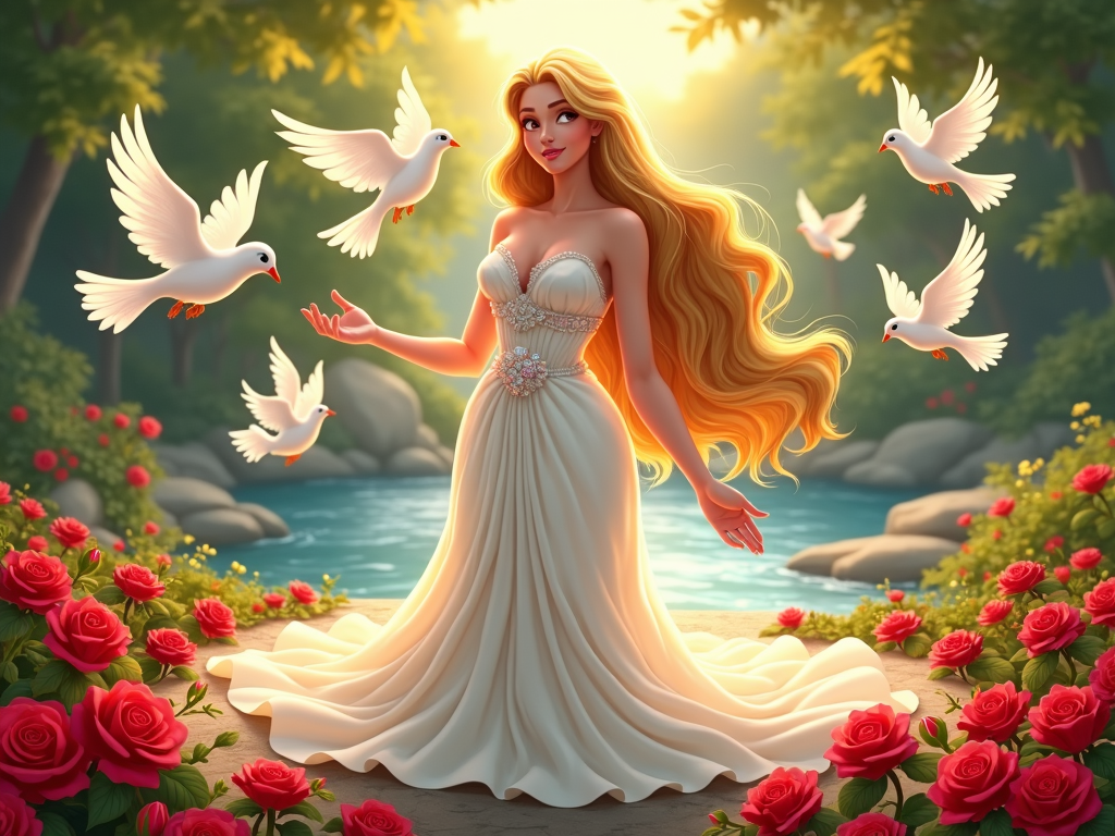 A scene of Aphrodite surrounded by doves and roses, representing love, beauty, and peace.