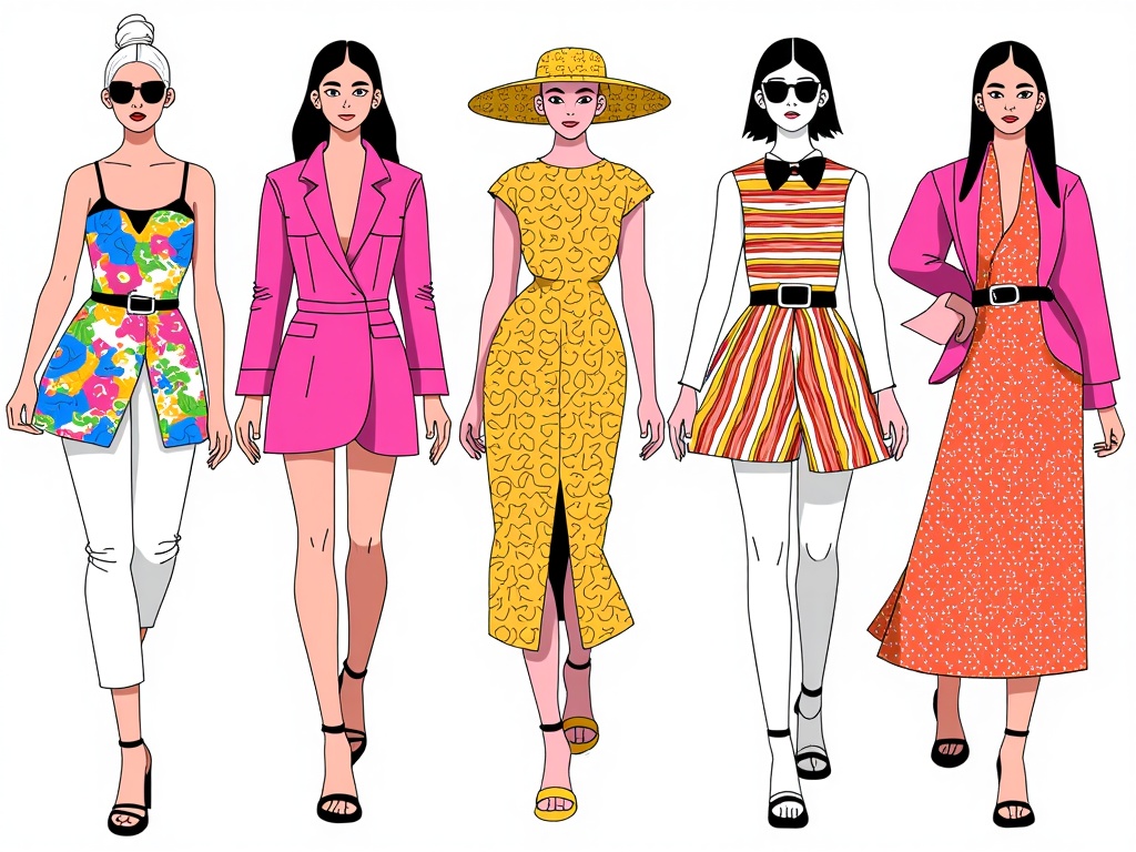 Create a series of illustrations focusing on the distinct textures and materials of pivotal NYFW looks, possibly incorporating magnified 'fabric swatches' or textural close-ups within the main artwork.