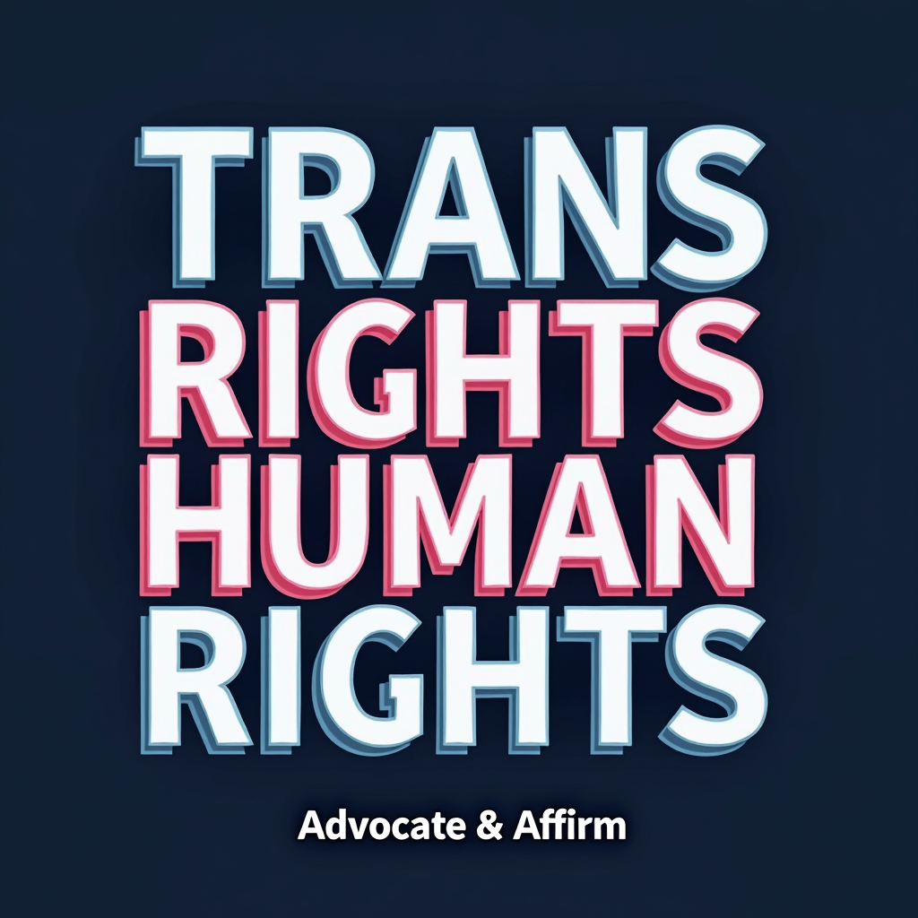 Sub-design Idea 1: Typography-centric design featuring 'Trans Rights are Human Rights' in bold, impactful lettering using transgender pride flag colors (light blue, pink, white). 'Advocate & Affirm' as a smaller, supporting text element, possibly with a clean, modern sans-serif font.