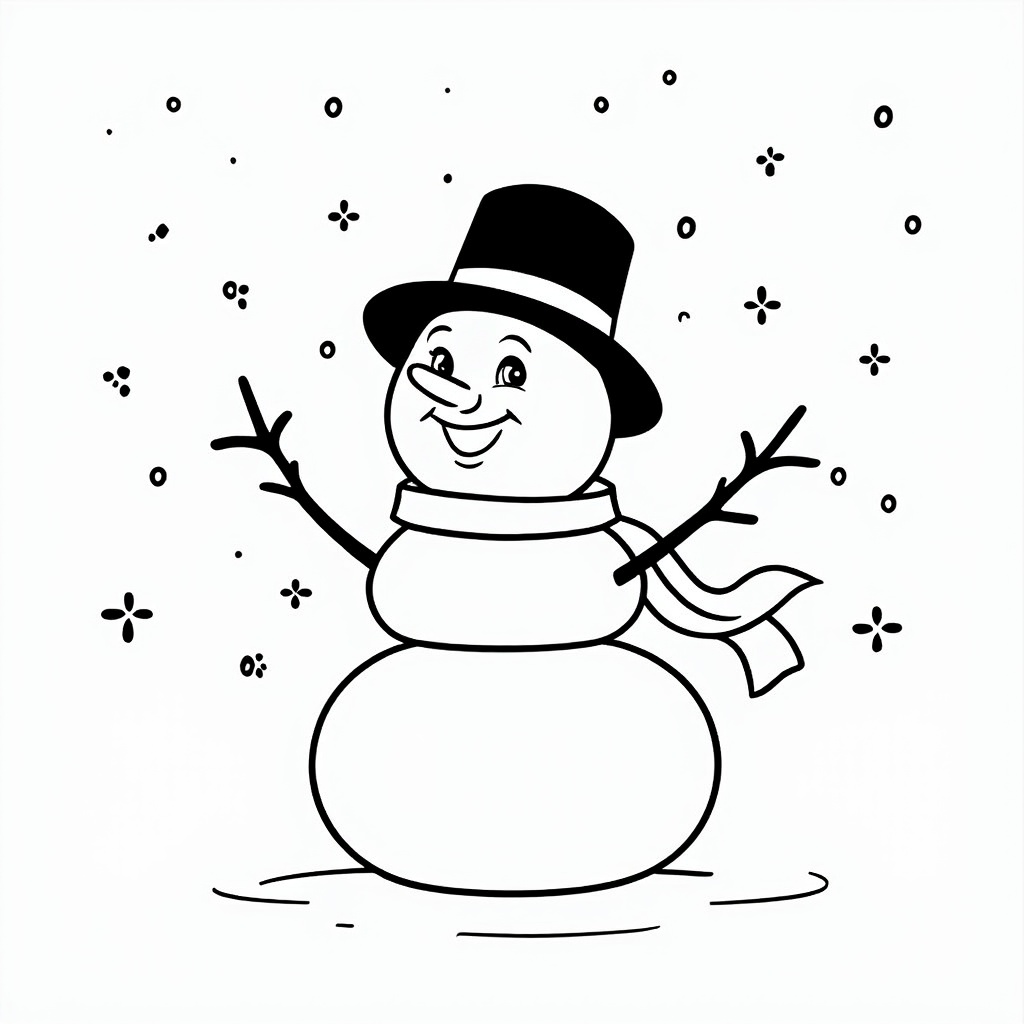 The image shows a snowman with a top hat and scarf, surrounded by a white background. The snowman is sketched in black and white, with a few small dots scattered around it. It is a free printable coloring page, perfect for the winter season.