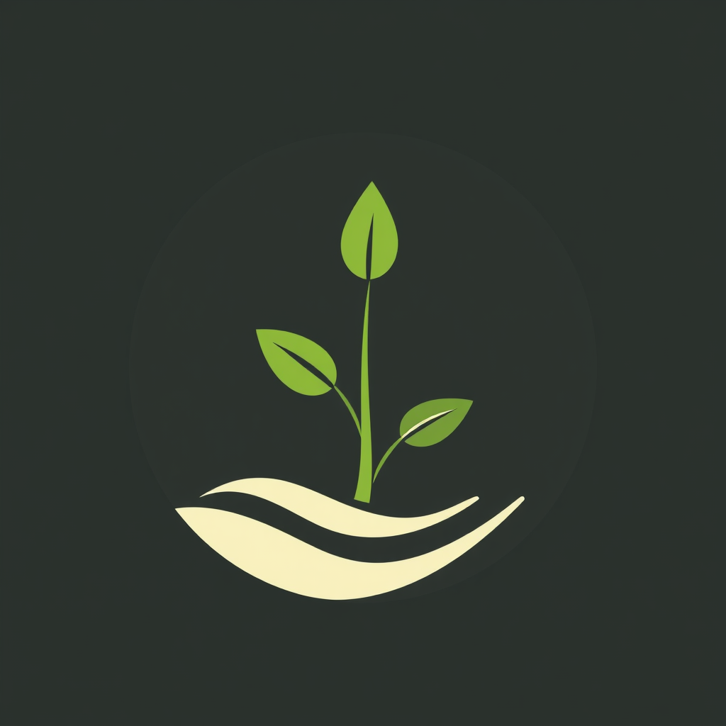 Stylized seed/sprout emerging from a semi-circle symbolizing Gaia's embrace. Emphasizes simplicity, new life, and minimalism.