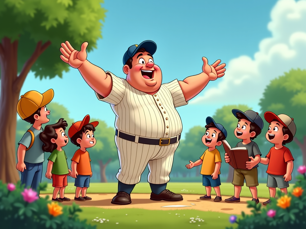 Illustration of Babe Ruth surrounded by adoring children, regaling them with an exaggerated story, his expressions and gestures larger than life.