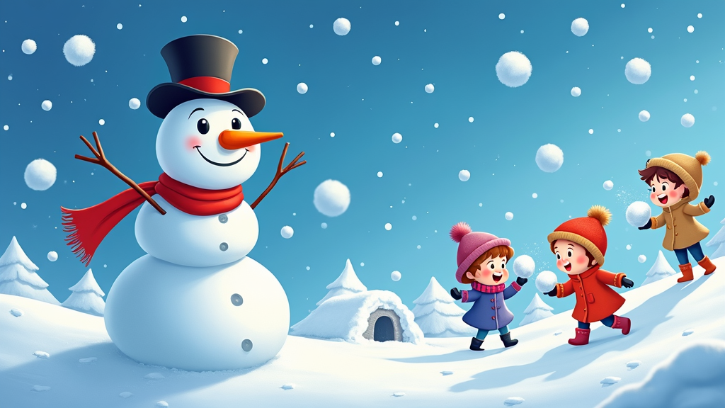 The image shows a group of children playing with a snowman in the snow. The snowman is wearing a top hat and a scarf, and is surrounded by trees covered in a blanket of snow. In the background, there are more snowflakes falling from the sky, creating a festive atmosphere. The image is animated, giving it a lively and cheerful feel.