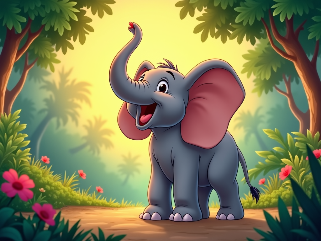 A cartoon of an elephant waking up in the jungle, with the sun rising in the background.