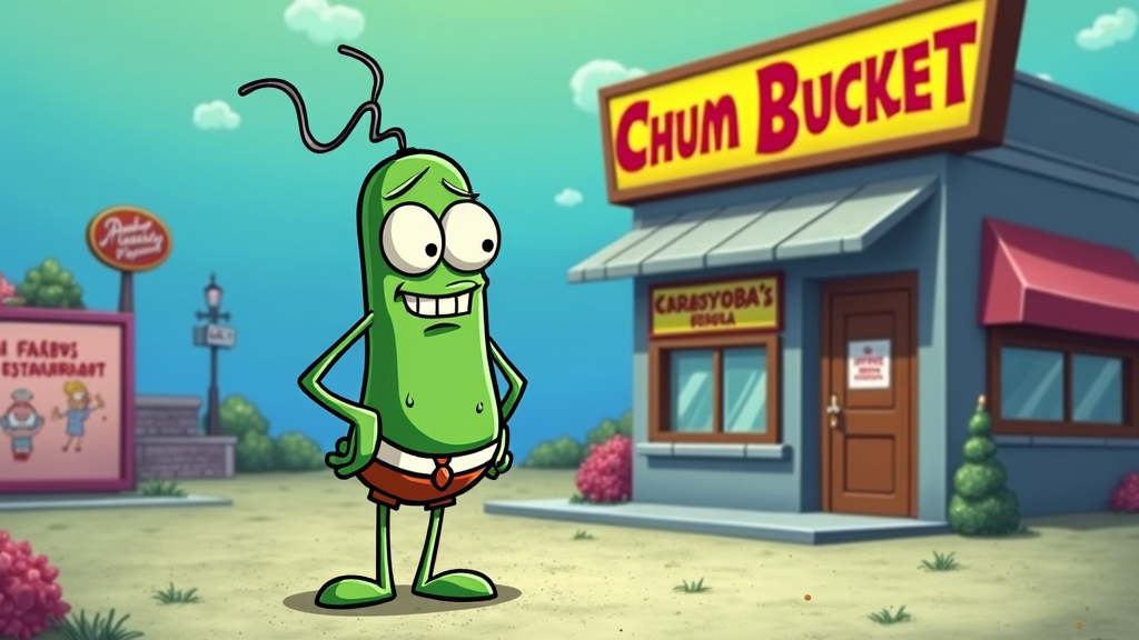 Plankton with a scheming look, standing in front of the Chum Bucket and planning his next heist to steal the Krabby Patty formula.