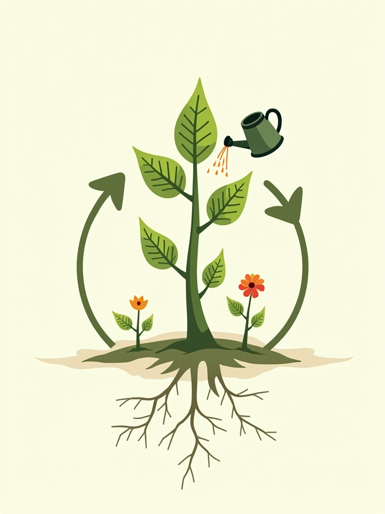 Floral Growth Cycle: A design showcasing a stylized plant's journey from a seed (Inspire), to being watered (Teach), to a blooming flower (Grow), with elements indicating a cycle (Repeat).