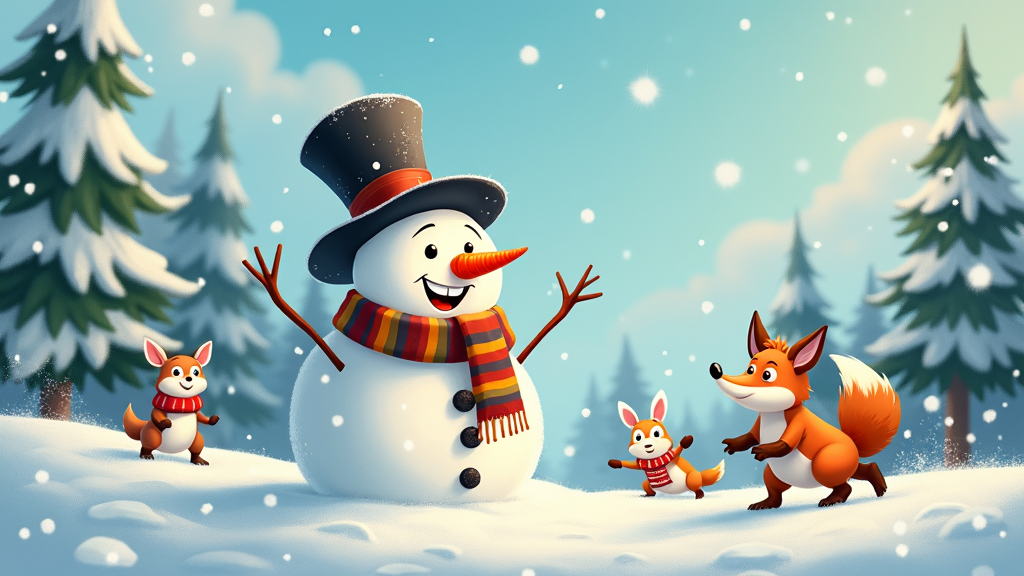 The image shows a snowman with a top hat and scarf standing in the snow surrounded by three foxes. The snowman is surrounded by trees covered in snow and the sky is filled with clouds. The image is animated, giving it a festive feel.