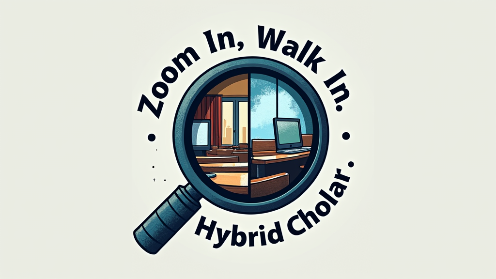 Lens Focus: A central graphic of a magnifying glass or camera lens. Inside the lens, a blended image showing half a computer screen with a video conference ('Zoom In') and half a physical classroom or library scene ('Walk In'). The words 'Zoom In, Walk In' could encircle the lens, with 'Hybrid Scholar' as a strong title below.