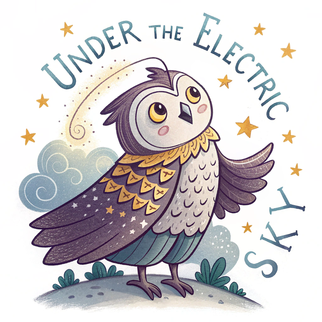 A sticker featuring a whimsical festival character (e.g., an owl, a celestial being) gazing up at a sky where 'Under the Electric Sky' is written in dreamy, sparkling letters. The character's design incorporates electric or glowing elements, tying into the theme.