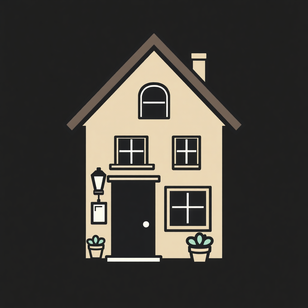 The image is a simple illustration of a small house. The house is a two-story building with a sloping roof and a chimney on the right side. The front of the house has a black door with a small window above it. There are two potted plants on either side of the door, one with a cactus and the other with a lamp. The walls are painted in a light beige color. The overall style of the illustration is simple and minimalistic.