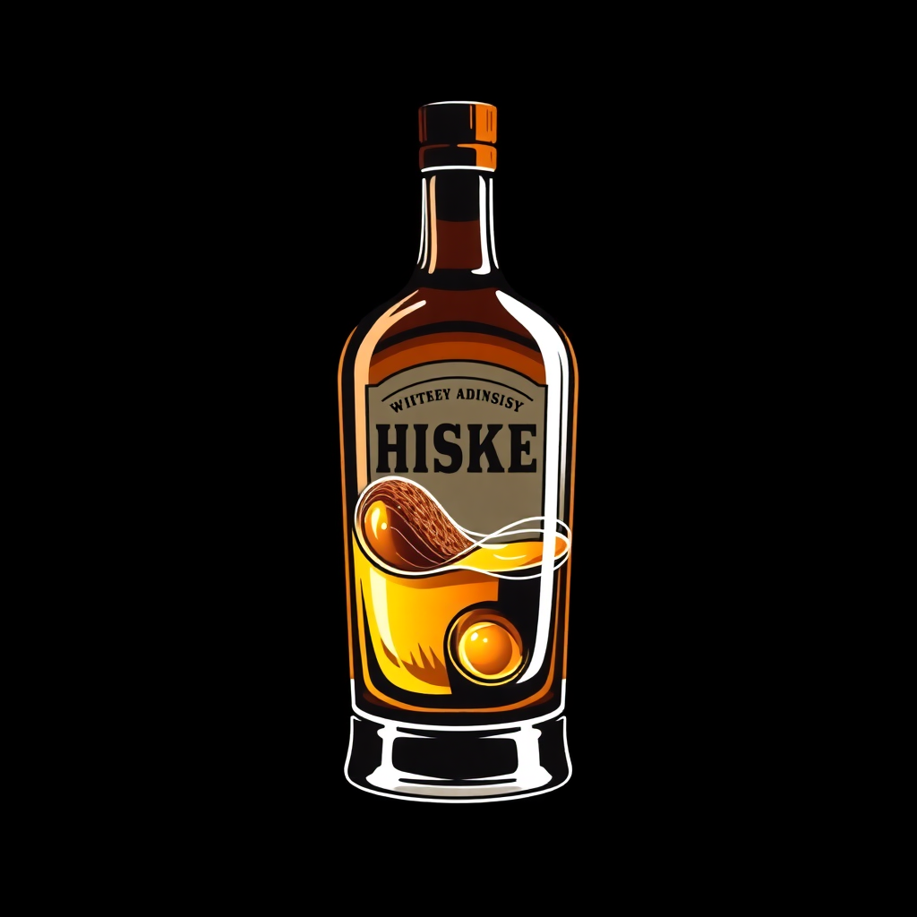 The image is a digital illustration of a bottle of whiskey. The bottle is made of glass and has a cork stopper. The label on the bottle is orange and has the word HISKE written in bold white letters. Below the word, there is an illustration of an ice cream cone. The background is black, making the bottle and ice cream stand out. The overall design is simple and minimalistic.