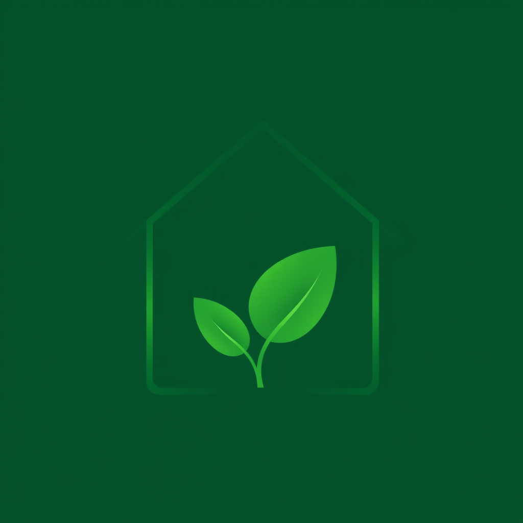 A single continuous line forming a house outline that incorporates a leaf as part of its structure, rendered in a calming green to denote simplicity, eco-friendliness, and economy.
