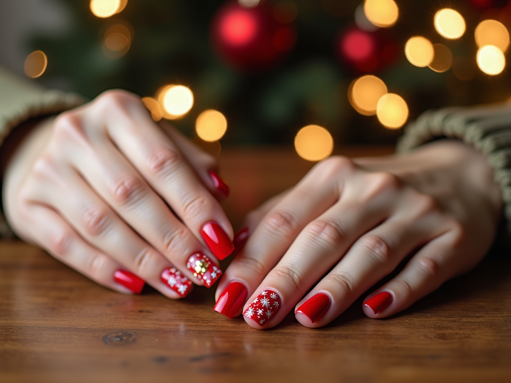  a pair of hands resting on a wooden surface with a blurred background of a Christmas tree and lights. The hands are positioned in a way that the fingers are slightly spread apart, with the palms facing each other. The nails are painted with a bright red polish and have small white snowflakes scattered across them. The background is blurred, but it appears to be a wooden table with a green sweater draped over it. The overall mood of the image is festive and cozy.