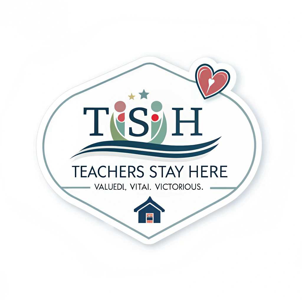 Simple Logo Idea: The letters 'T S H' (Teachers Stay Here) interlocked, with 'Valued. Vital. Victorious.' typeset as a small, supportive tagline beneath the monogram.