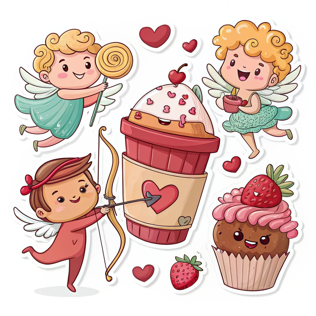 An array of stickers with food items dressed up as Cupids, such as a coffee cup with a bow and arrow or a muffin with wings, all in a bright, cartoon style.