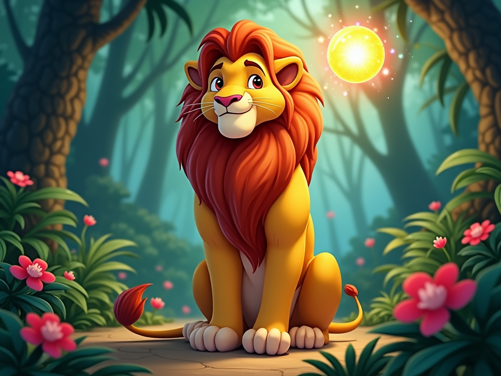 A lion with a floating magical object around it, such as a glowing orb.