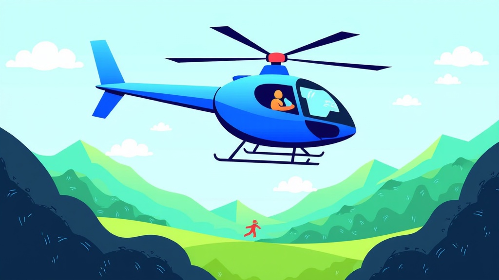  a blue helicopter flying over a mountainous landscape. The helicopter is in the center of the image, with a person inside, and it appears to be in mid-flight. The sky is blue with white clouds, and the mountains are covered in green grass and rocks. The person is wearing a red shirt and is walking towards the helicopter. The mountains in the background are also covered in greenery, and there are a few clouds scattered across the sky. The overall scene is peaceful and serene.