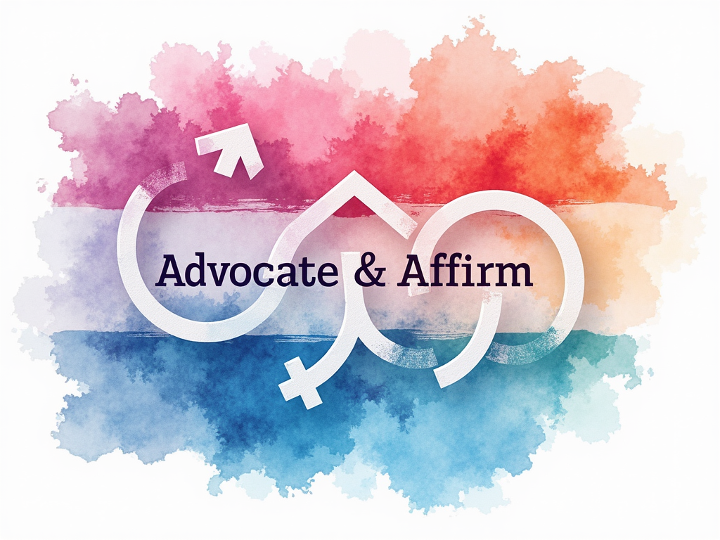 Sub-design Idea 4: Abstract artistic representation using flowing lines, geometric shapes, or watercolor washes in the transgender pride flag colors. The text 'Trans Rights are Human Rights' subtly woven into the design, inviting closer inspection. 'Advocate & Affirm' in a clear, legible font.